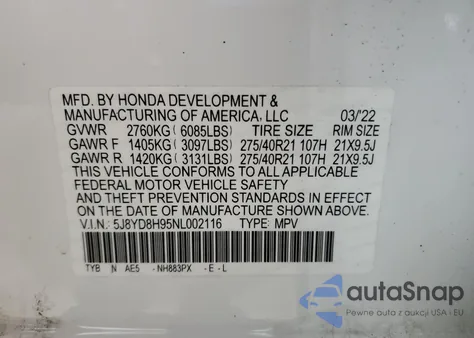 2022 Acura Mdx Type S z USA, uszkodzony, nr VIN 5J8YD8H95NL002116